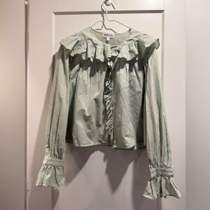WHITEROOM+CACTUS‎ Ruffled Collar Button-Front Cotton Blouse Light Sage Size XS